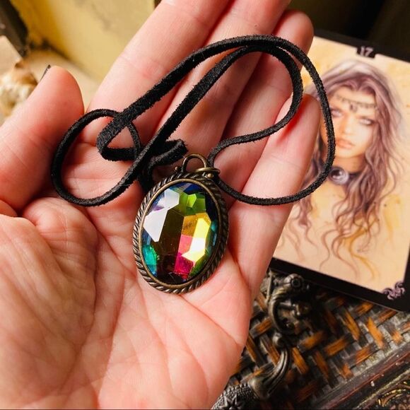 Rainbow Rhinestone antique Black Leather Choker - Picture 2 of 5